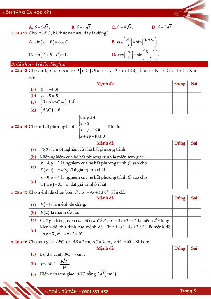 bộ đề ôn tập giữa học kỳ 1 môn toán 10 ctst năm học 2025 – 2026 5
