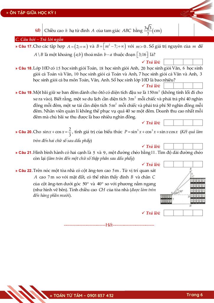 bộ đề ôn tập giữa học kỳ 1 môn toán 10 ctst năm học 2025 – 2026 6