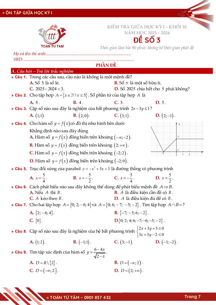 bộ đề ôn tập giữa học kỳ 1 môn toán 10 ctst năm học 2025 – 2026 7