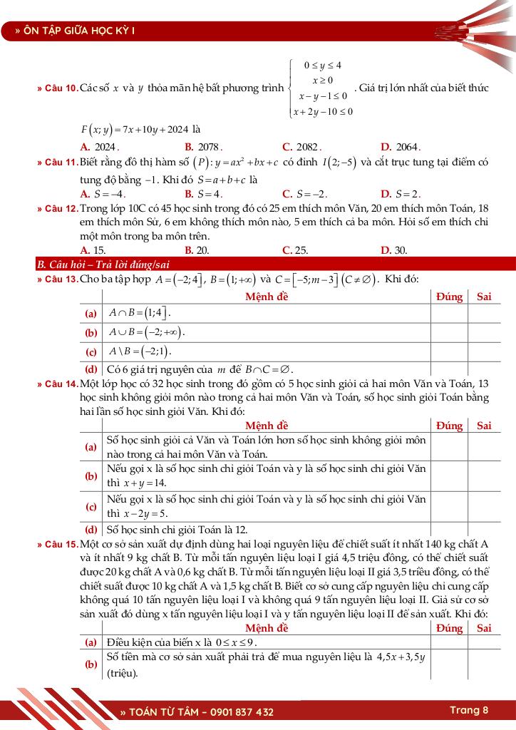 bộ đề ôn tập giữa học kỳ 1 môn toán 10 ctst năm học 2025 – 2026 8