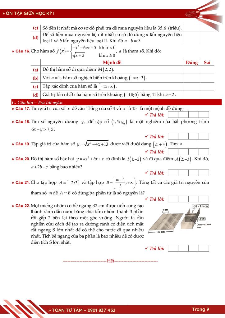bộ đề ôn tập giữa học kỳ 1 môn toán 10 ctst năm học 2025 – 2026 9