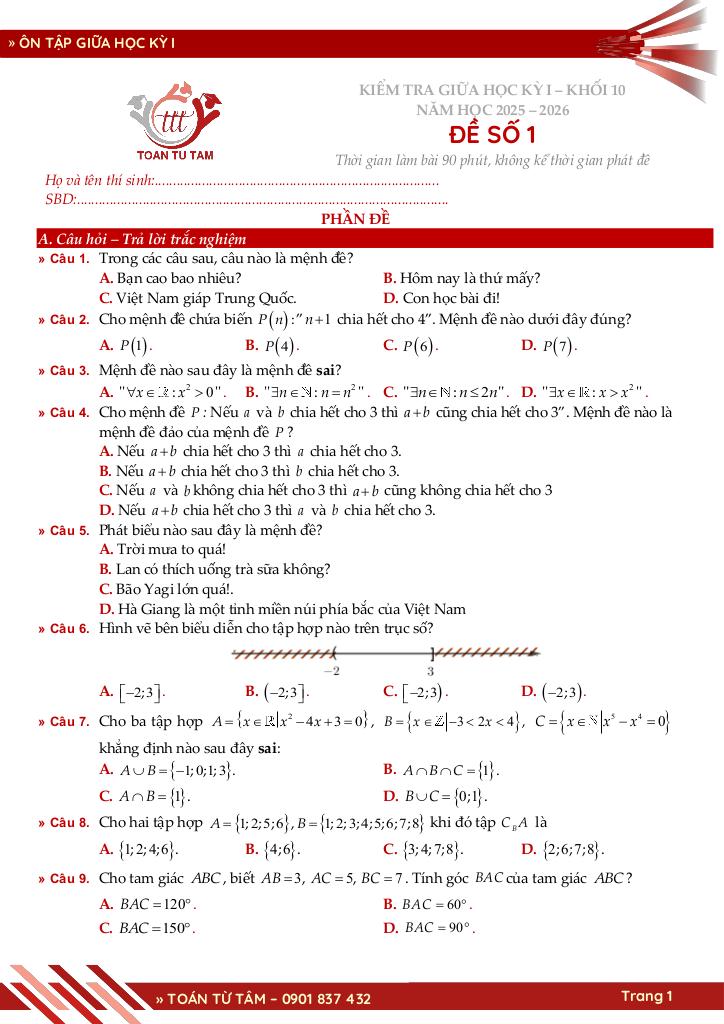 bộ đề ôn tập giữa học kỳ 1 môn toán 10 knttvcs năm học 2025 – 2026 1