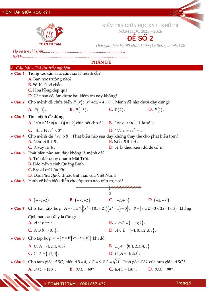 bộ đề ôn tập giữa học kỳ 1 môn toán 10 knttvcs năm học 2025 – 2026 5