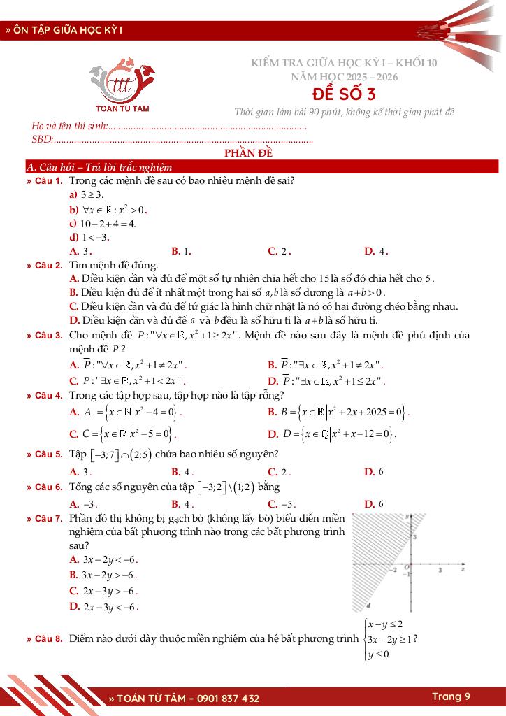 bộ đề ôn tập giữa học kỳ 1 môn toán 10 knttvcs năm học 2025 – 2026 9