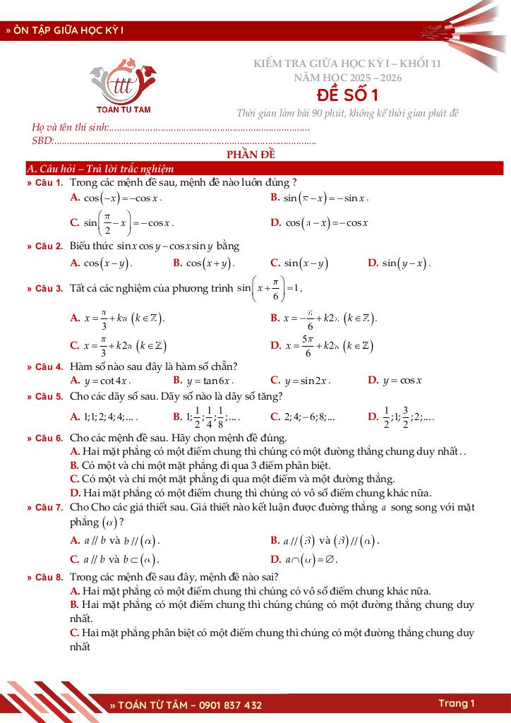 bộ đề ôn tập giữa học kỳ 1 môn toán 11 cánh diều năm học 2025 – 2026 1