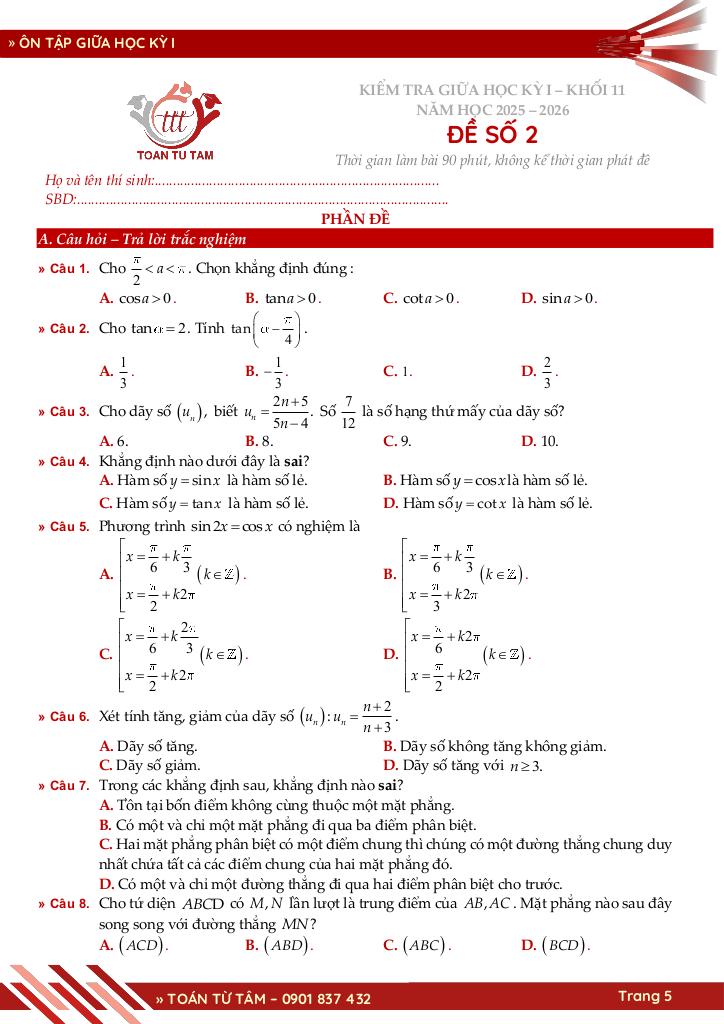 bộ đề ôn tập giữa học kỳ 1 môn toán 11 cánh diều năm học 2025 – 2026 5