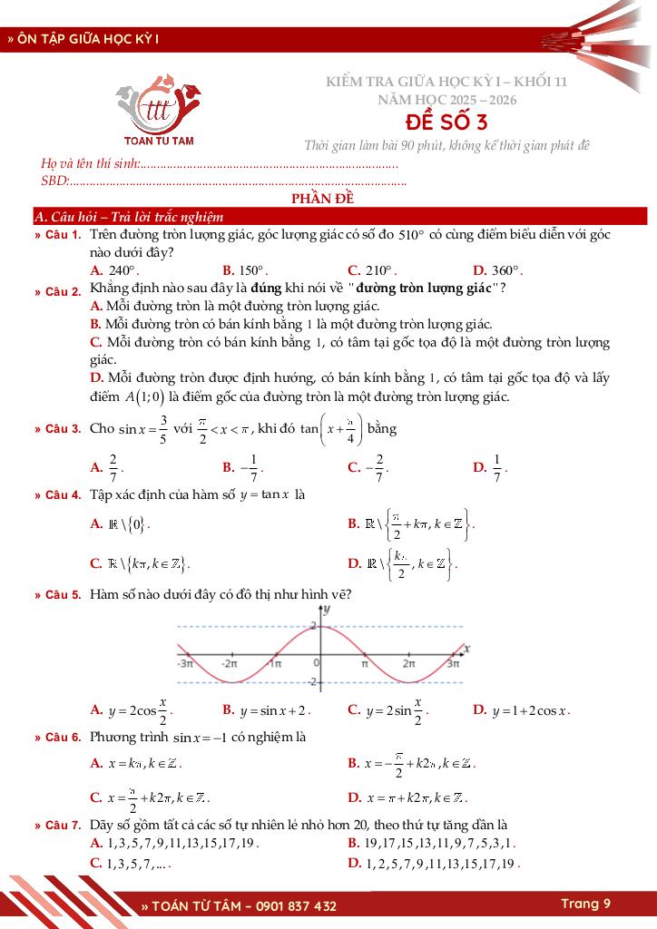 bộ đề ôn tập giữa học kỳ 1 môn toán 11 cánh diều năm học 2025 – 2026 9