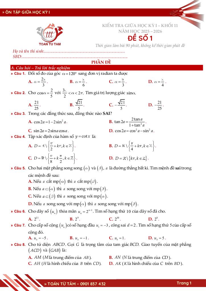 bộ đề ôn tập giữa học kỳ 1 môn toán 11 ctst năm học 2025 – 2026 1