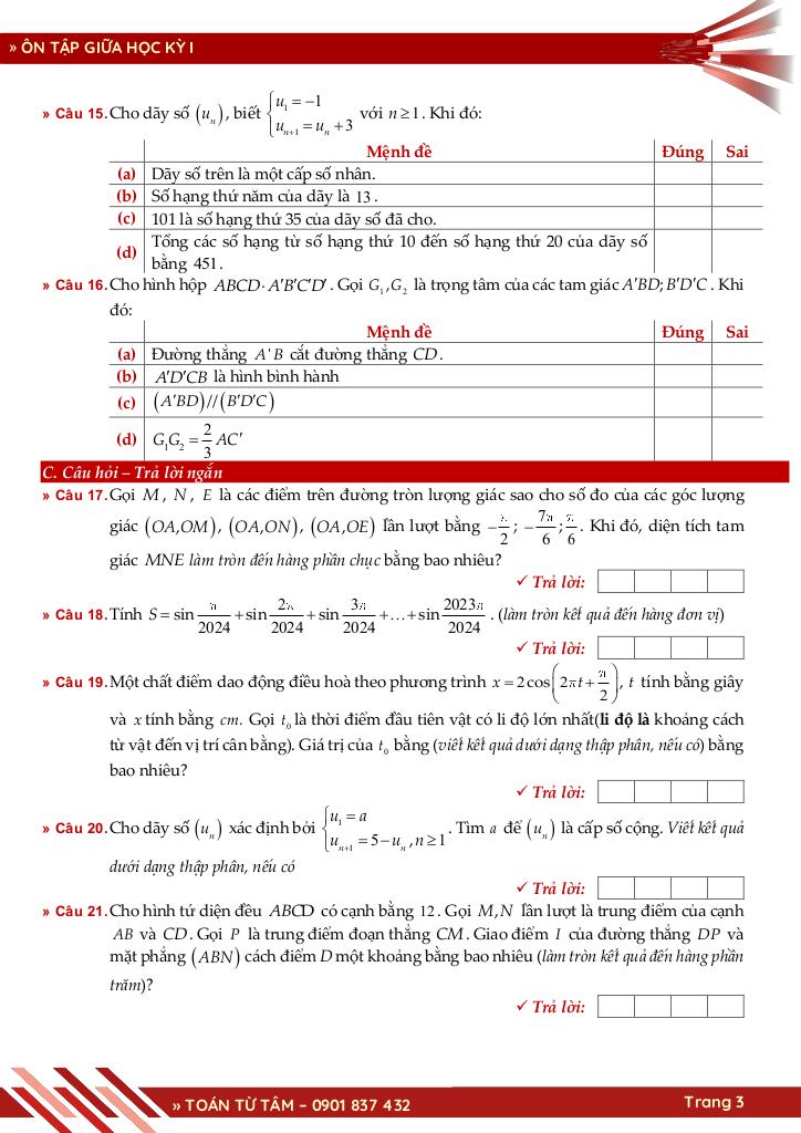 bộ đề ôn tập giữa học kỳ 1 môn toán 11 ctst năm học 2025 – 2026 3