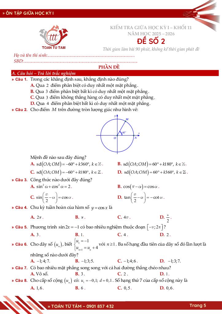 bộ đề ôn tập giữa học kỳ 1 môn toán 11 ctst năm học 2025 – 2026 5