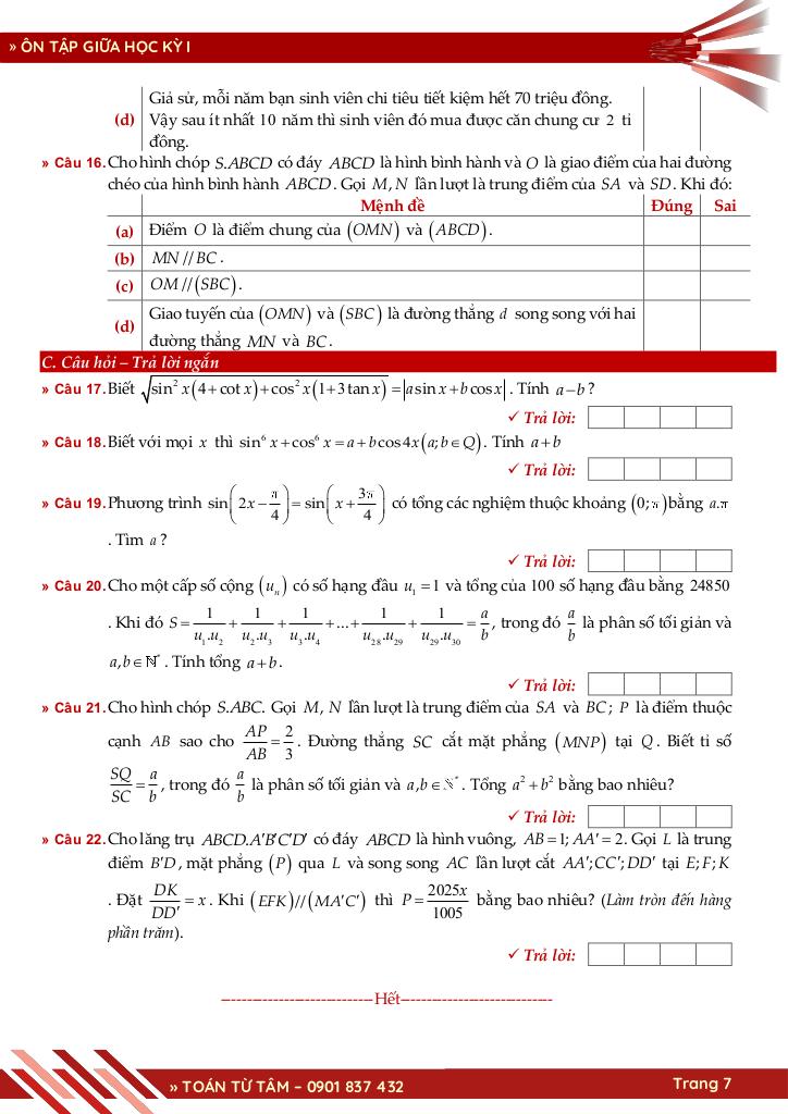 bộ đề ôn tập giữa học kỳ 1 môn toán 11 ctst năm học 2025 – 2026 7