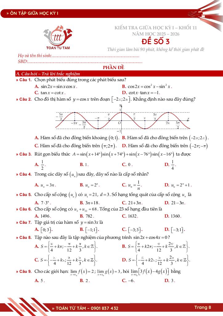 bộ đề ôn tập giữa học kỳ 1 môn toán 11 ctst năm học 2025 – 2026 8