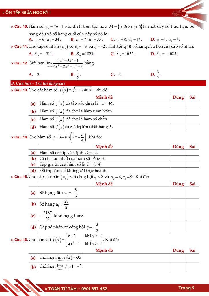 bộ đề ôn tập giữa học kỳ 1 môn toán 11 ctst năm học 2025 – 2026 9