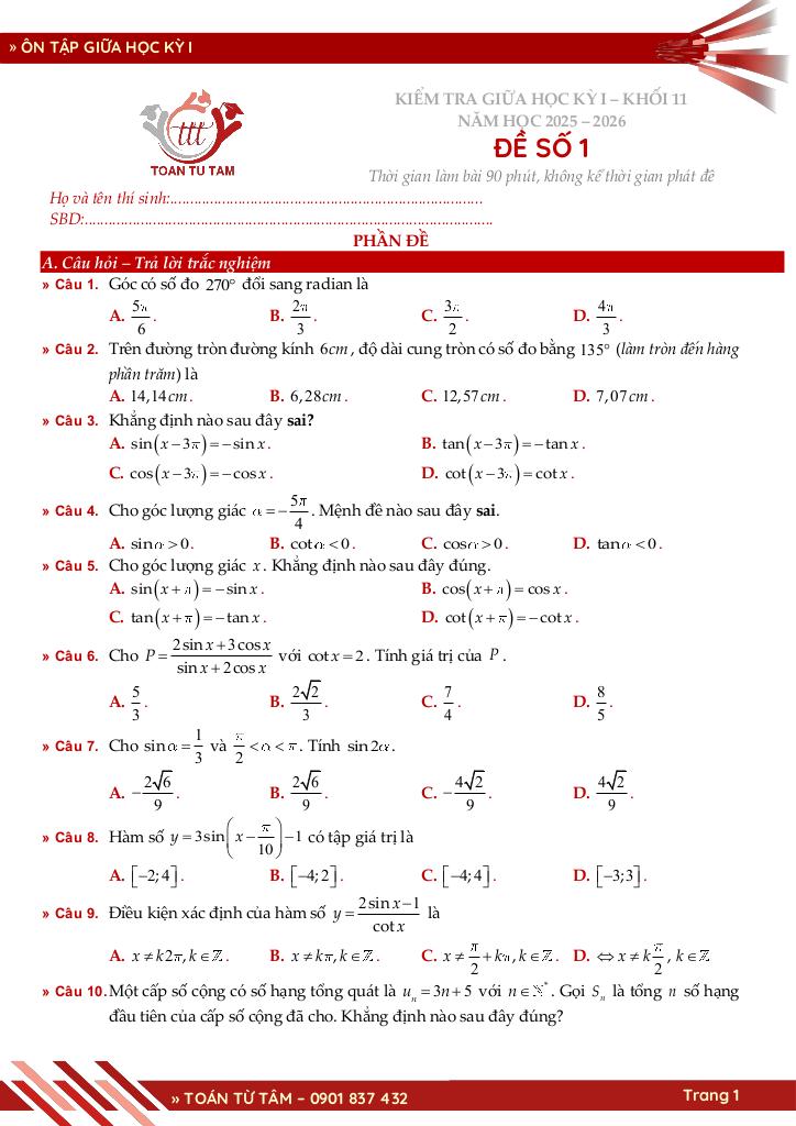 bộ đề ôn tập giữa học kỳ 1 môn toán 11 knttvcs năm học 2025 – 2026 1