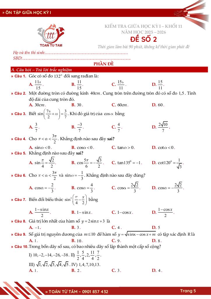 bộ đề ôn tập giữa học kỳ 1 môn toán 11 knttvcs năm học 2025 – 2026 5