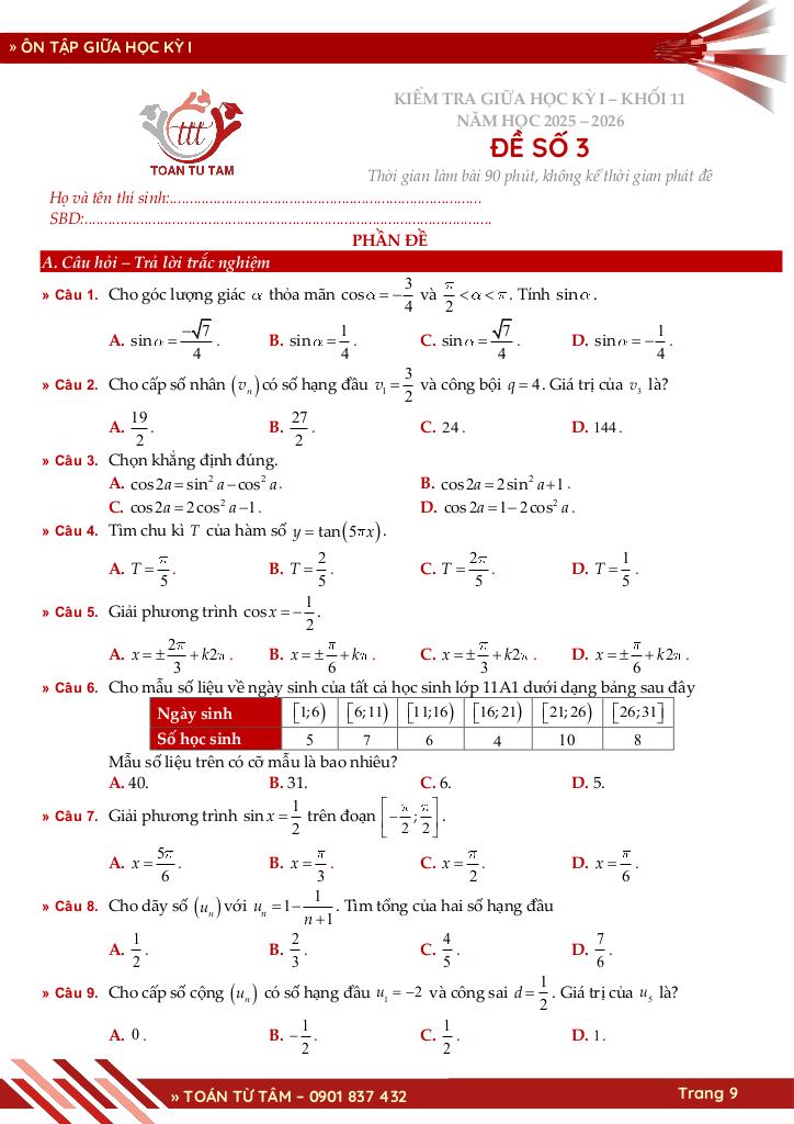 bộ đề ôn tập giữa học kỳ 1 môn toán 11 knttvcs năm học 2025 – 2026 9