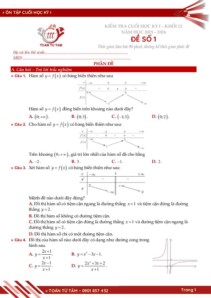 bộ đề ôn tập kiểm tra cuối học kỳ 1 môn toán 12 năm học 2025 – 2026 1