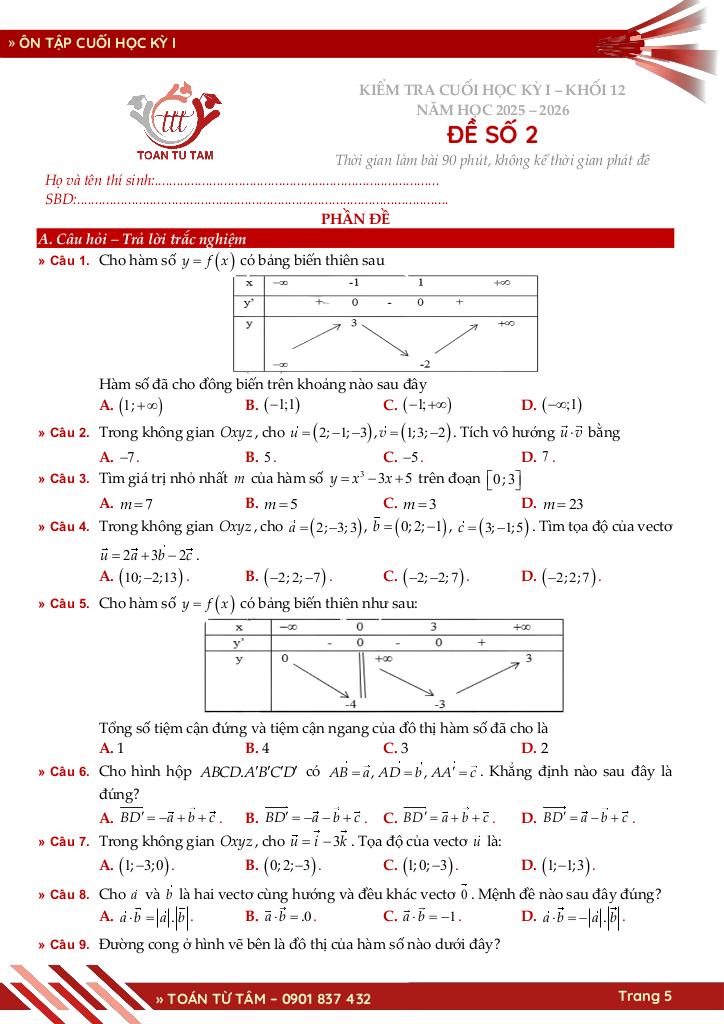 bộ đề ôn tập kiểm tra cuối học kỳ 1 môn toán 12 năm học 2025 – 2026 5