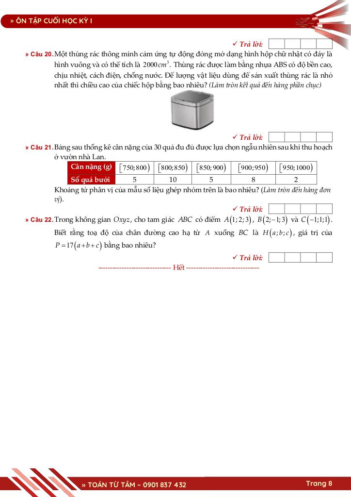 bộ đề ôn tập kiểm tra cuối học kỳ 1 môn toán 12 năm học 2025 – 2026 8