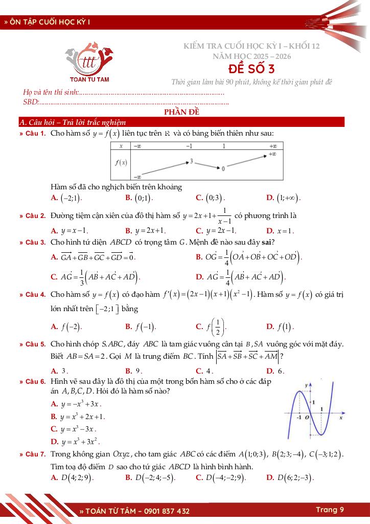 bộ đề ôn tập kiểm tra cuối học kỳ 1 môn toán 12 năm học 2025 – 2026 9