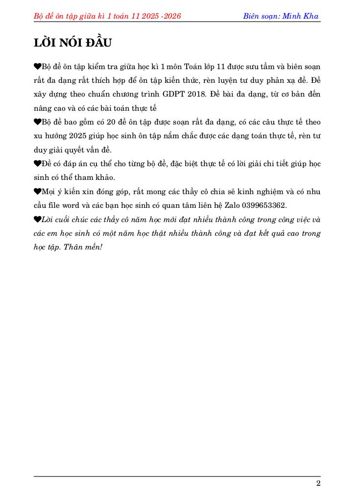 bộ đề ôn tập kiểm tra giữa học kì 1 môn toán 11 năm học 2025 – 2026 2