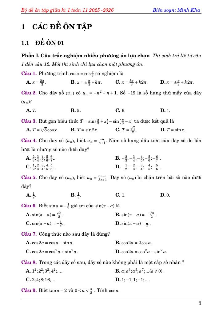 bộ đề ôn tập kiểm tra giữa học kì 1 môn toán 11 năm học 2025 – 2026 3