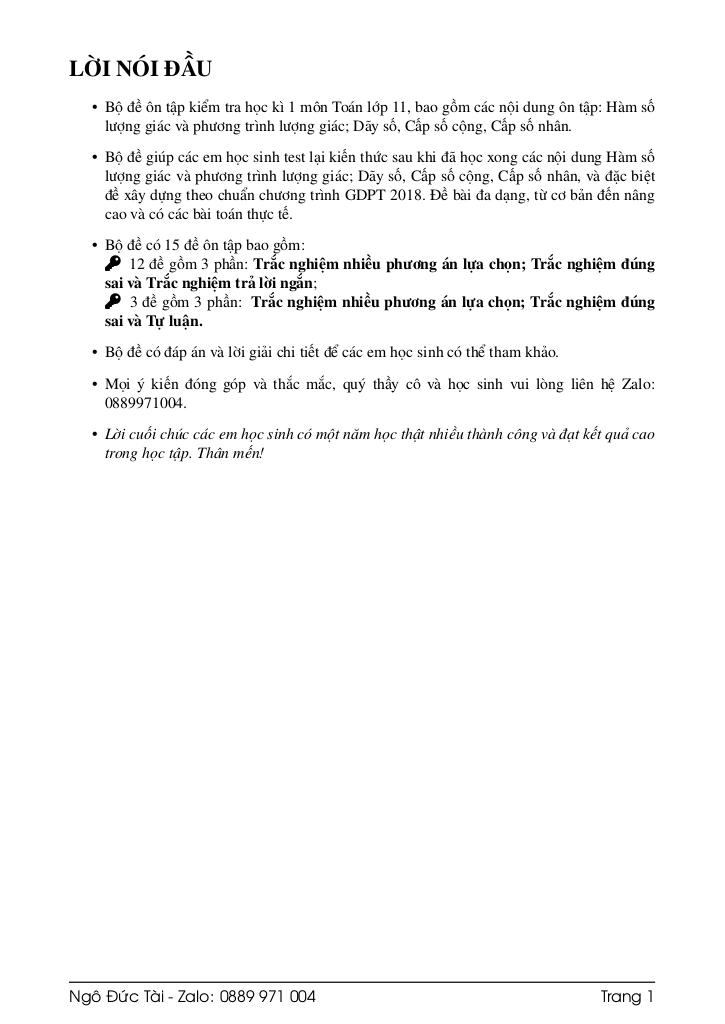 bộ đề ôn tập kiểm tra giữa học kì 1 toán 11 chương trình mới có đáp án 1