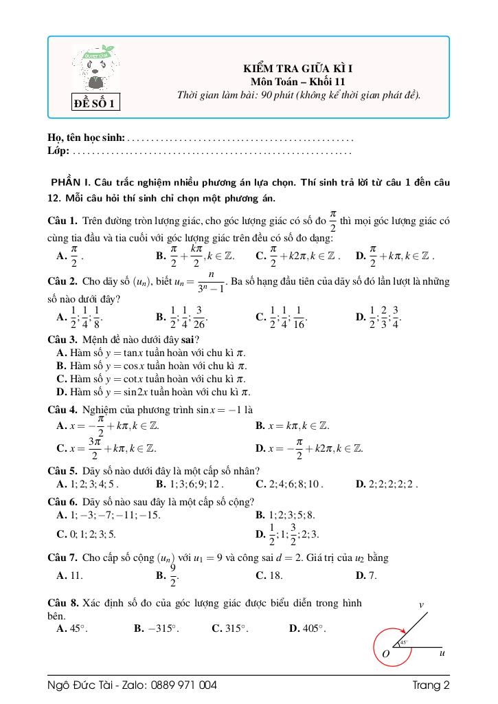 bộ đề ôn tập kiểm tra giữa học kì 1 toán 11 chương trình mới có đáp án 2