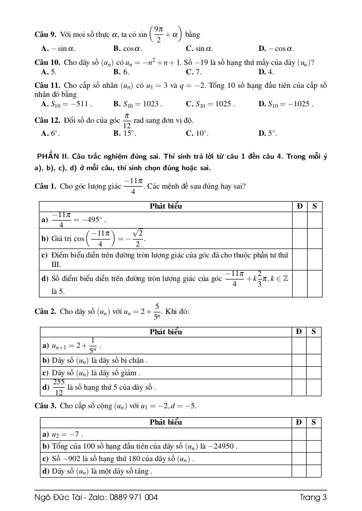 bộ đề ôn tập kiểm tra giữa học kì 1 toán 11 chương trình mới có đáp án 3