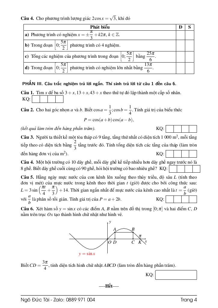 bộ đề ôn tập kiểm tra giữa học kì 1 toán 11 chương trình mới có đáp án 4