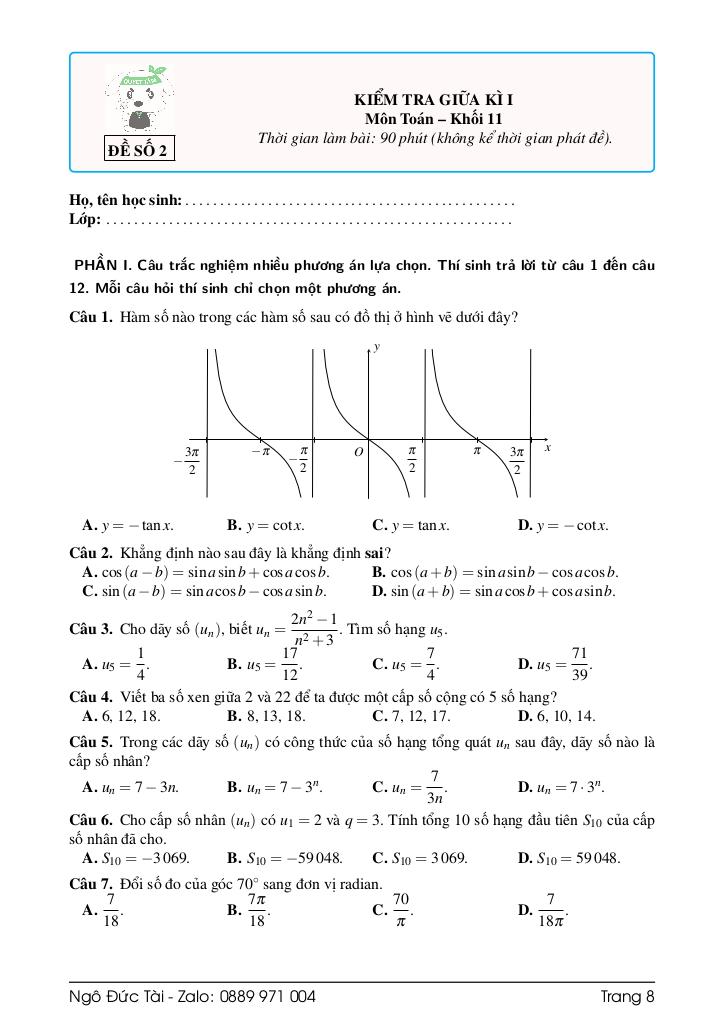 bộ đề ôn tập kiểm tra giữa học kì 1 toán 11 chương trình mới có đáp án 8