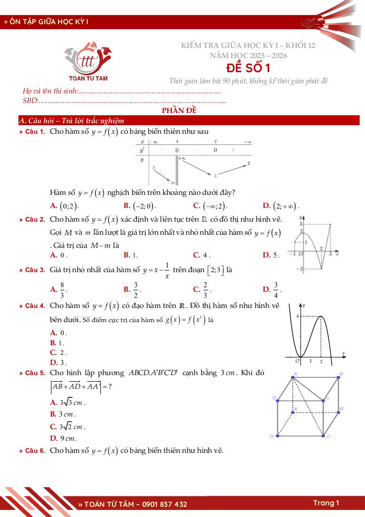bộ đề ôn tập kiểm tra giữa học kỳ 1 toán 12 năm học 2025 – 2026 1