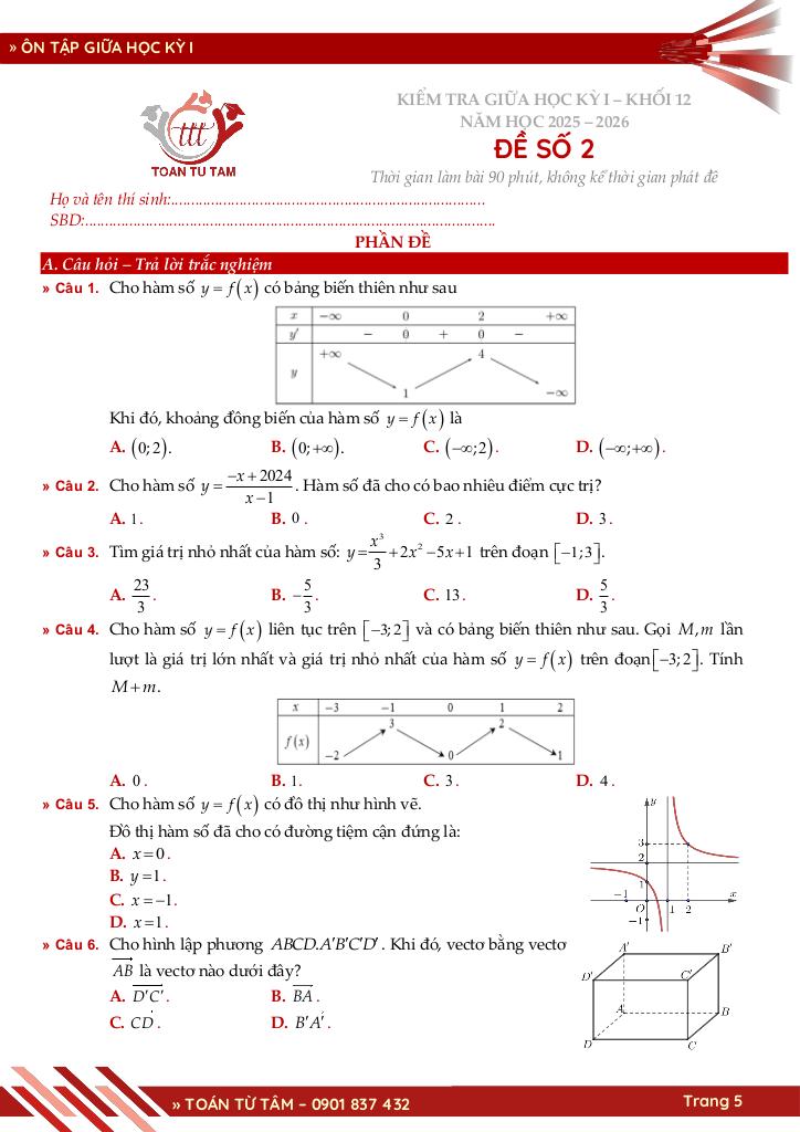 bộ đề ôn tập kiểm tra giữa học kỳ 1 toán 12 năm học 2025 – 2026 5
