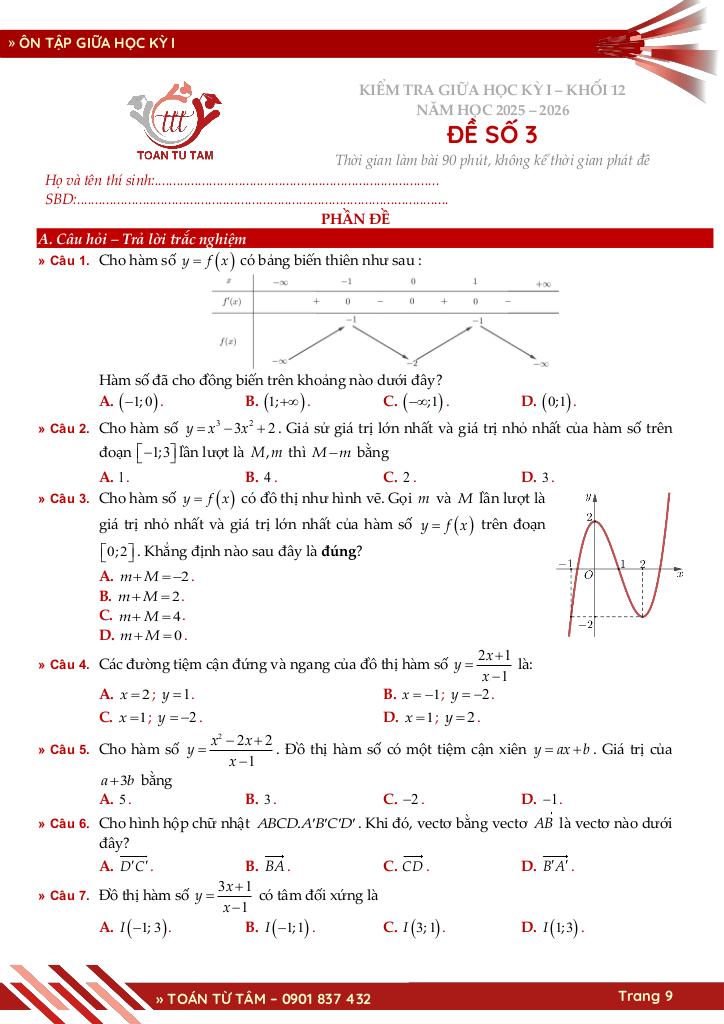bộ đề ôn tập kiểm tra giữa học kỳ 1 toán 12 năm học 2025 – 2026 9