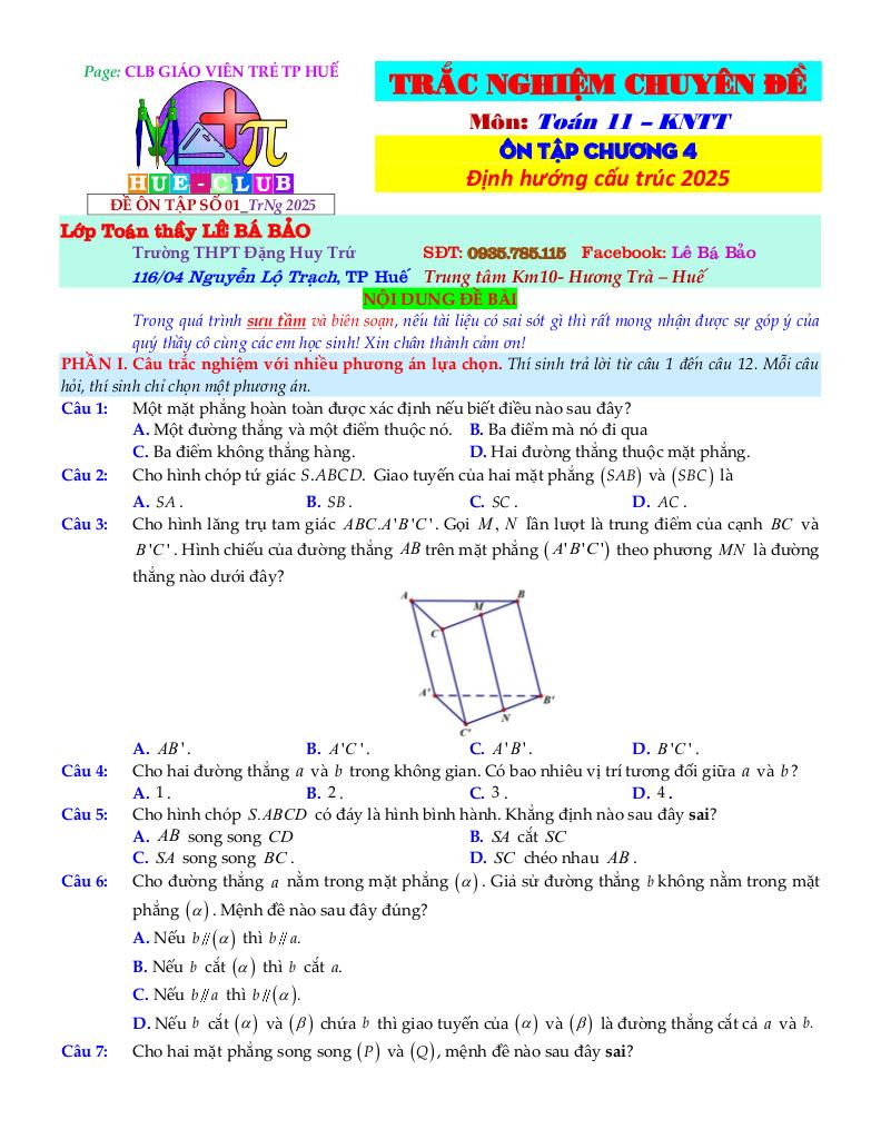 bộ đề ôn tập môn toán 11 chủ đề quan hệ song song trong không gian 1