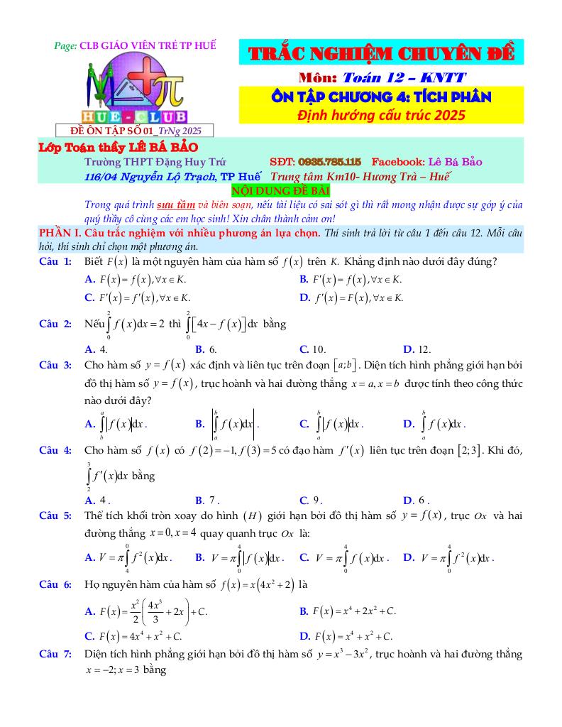 bộ đề ôn tập môn toán 12 chủ đề nguyên hàm, tích phân và ứng dụng 1