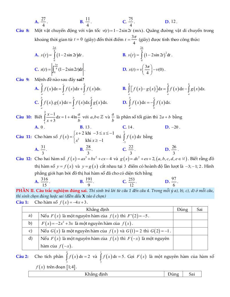 bộ đề ôn tập môn toán 12 chủ đề nguyên hàm, tích phân và ứng dụng 2
