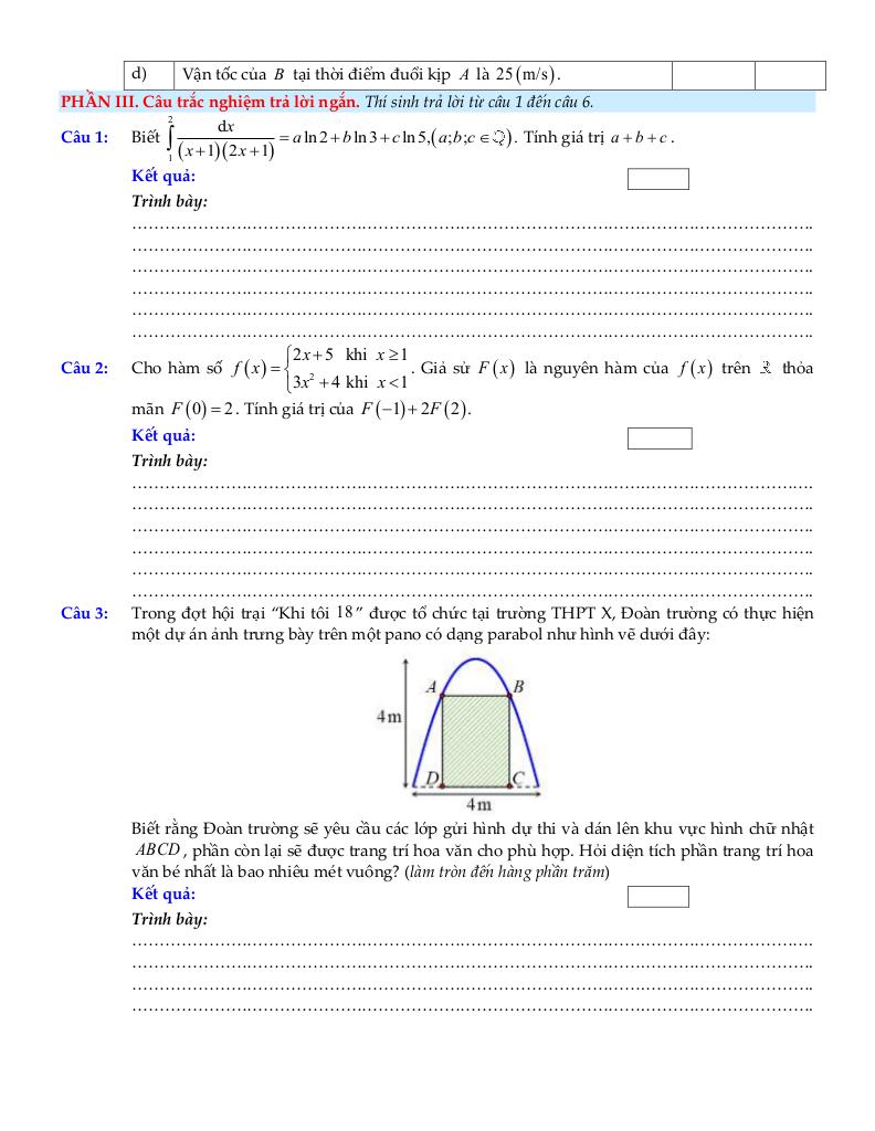 bộ đề ôn tập môn toán 12 chủ đề nguyên hàm, tích phân và ứng dụng 4