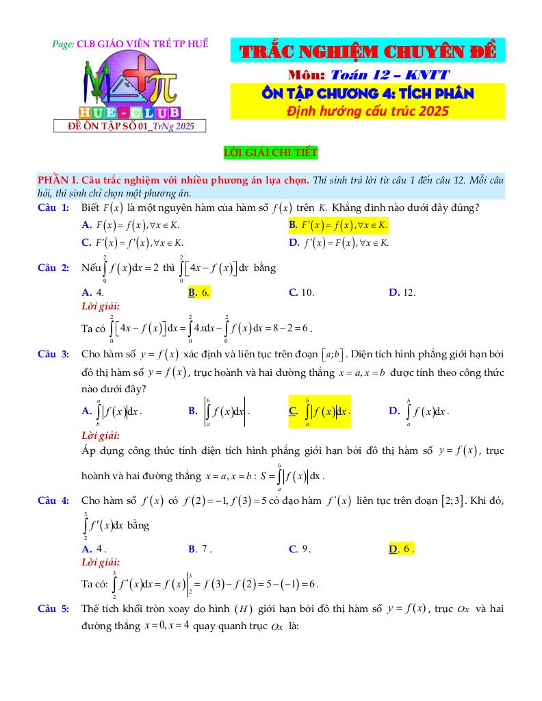 bộ đề ôn tập môn toán 12 chủ đề nguyên hàm, tích phân và ứng dụng 7