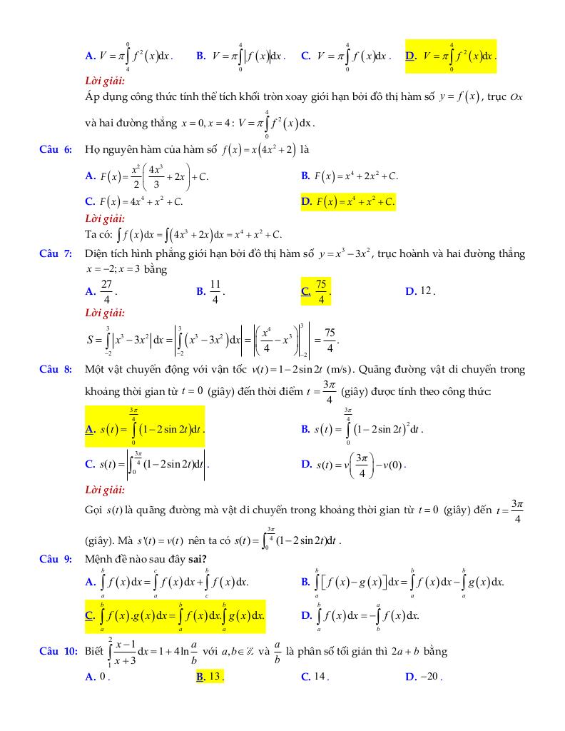 bộ đề ôn tập môn toán 12 chủ đề nguyên hàm, tích phân và ứng dụng 8
