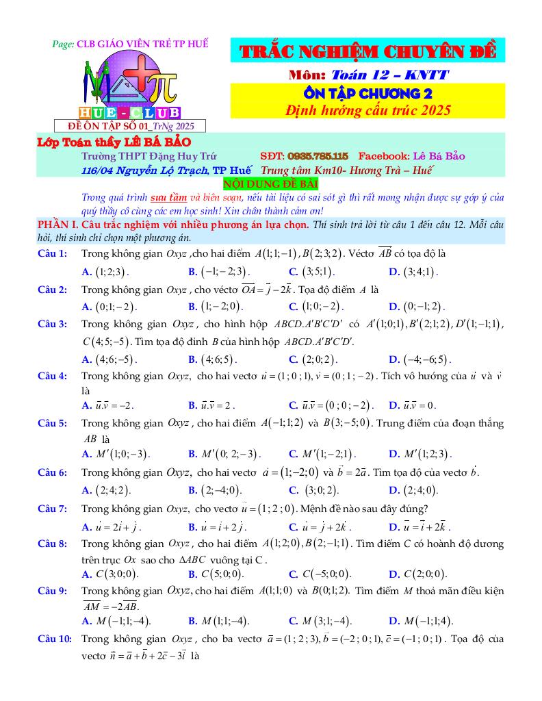 bộ đề ôn tập môn toán 12 chủ đề vectơ và hệ trục tọa độ trong không gian 1