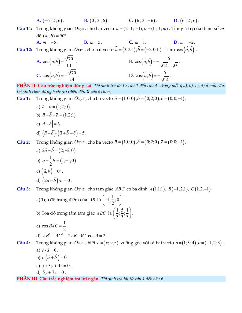 bộ đề ôn tập môn toán 12 chủ đề vectơ và hệ trục tọa độ trong không gian 2
