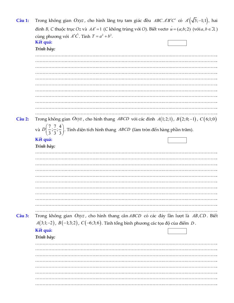 bộ đề ôn tập môn toán 12 chủ đề vectơ và hệ trục tọa độ trong không gian 3