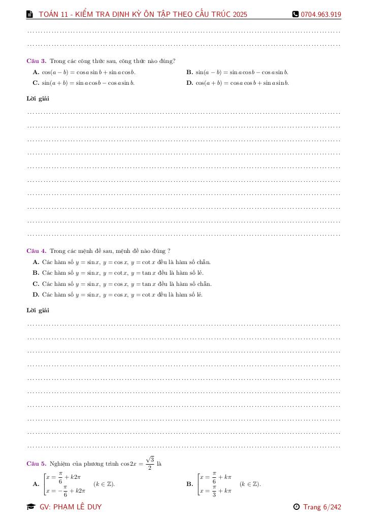 bộ đề ôn tập thi định kì toán 11 theo cấu trúc mới năm học 2025 – 2026 5