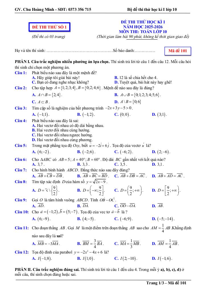 bộ đề thi thử cuối học kì 1 toán 10 năm học 2025 – 2026 – chu hoàng minh 0