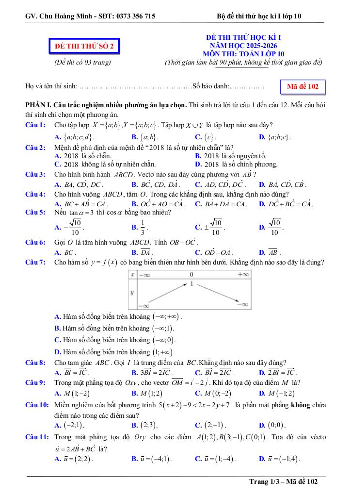 bộ đề thi thử cuối học kì 1 toán 10 năm học 2025 – 2026 – chu hoàng minh 3