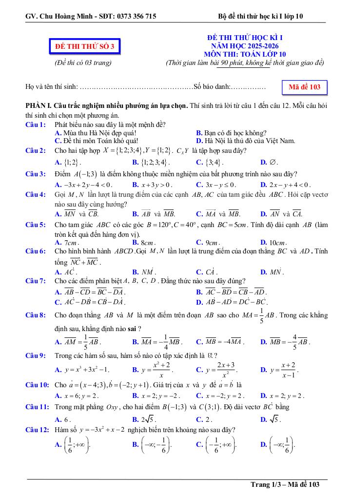bộ đề thi thử cuối học kì 1 toán 10 năm học 2025 – 2026 – chu hoàng minh 6