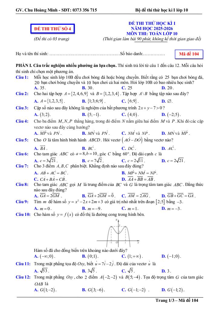bộ đề thi thử cuối học kì 1 toán 10 năm học 2025 – 2026 – chu hoàng minh 9