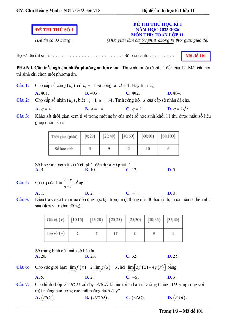 bộ đề thi thử cuối học kì 1 toán 11 năm học 2025 – 2026 – chu hoàng minh - hình 1