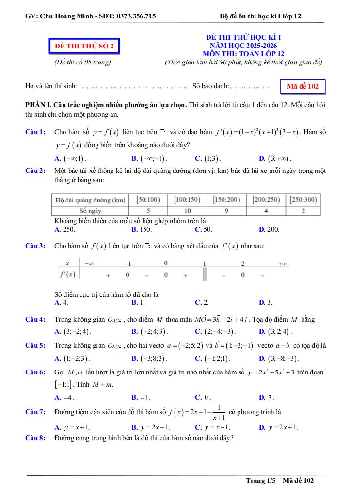 bộ đề thi thử cuối học kì 1 toán 12 năm học 2025 – 2026 – chu hoàng minh 5